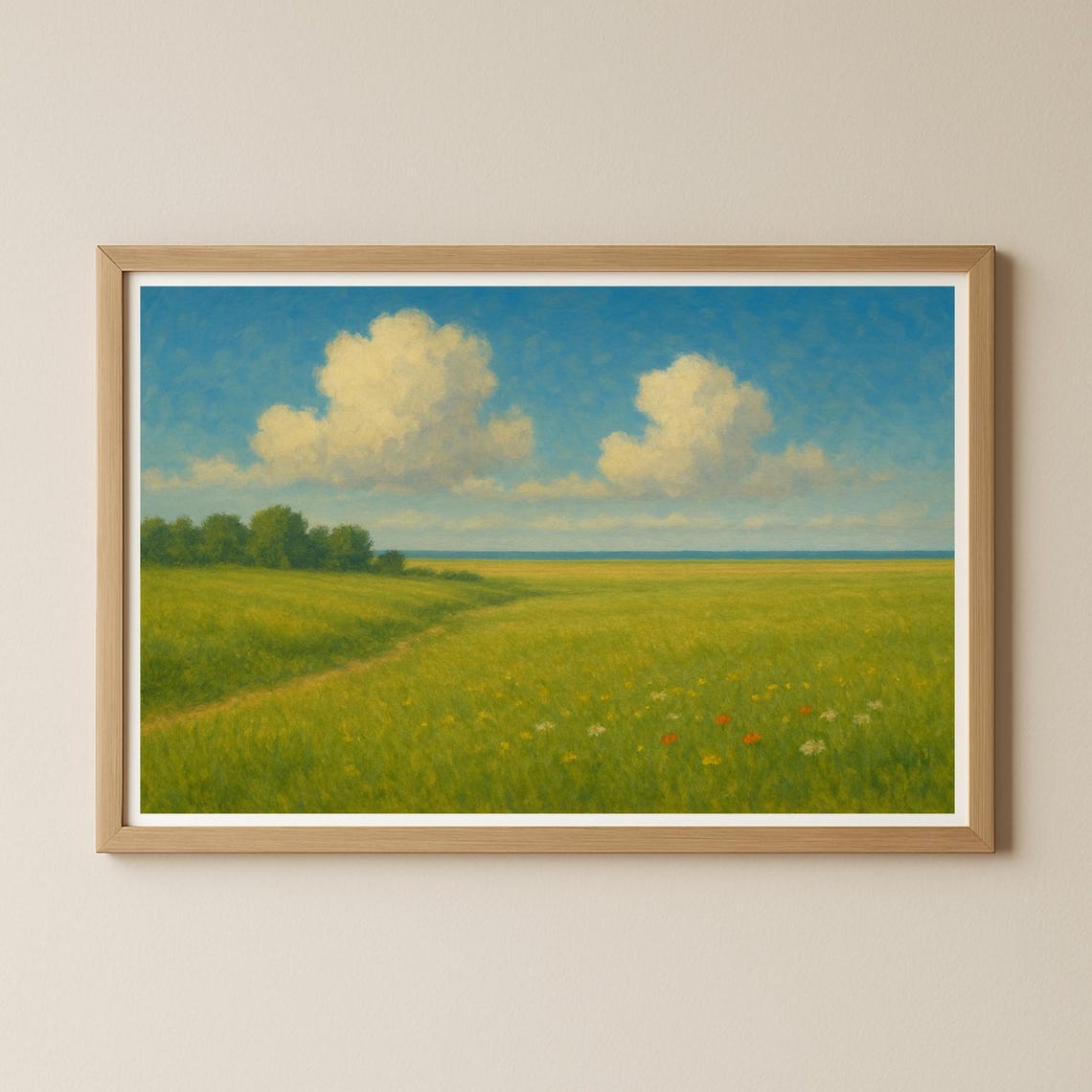 Green Meadow Path Under Blue Sky Impressionist Landscape Poster
