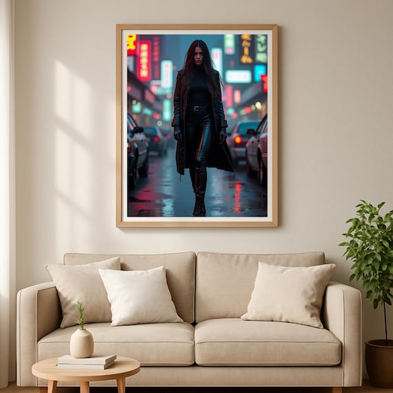 Neon Noir Woman In Leather Urban Wall Art Dark Fashion Poster Dystopic