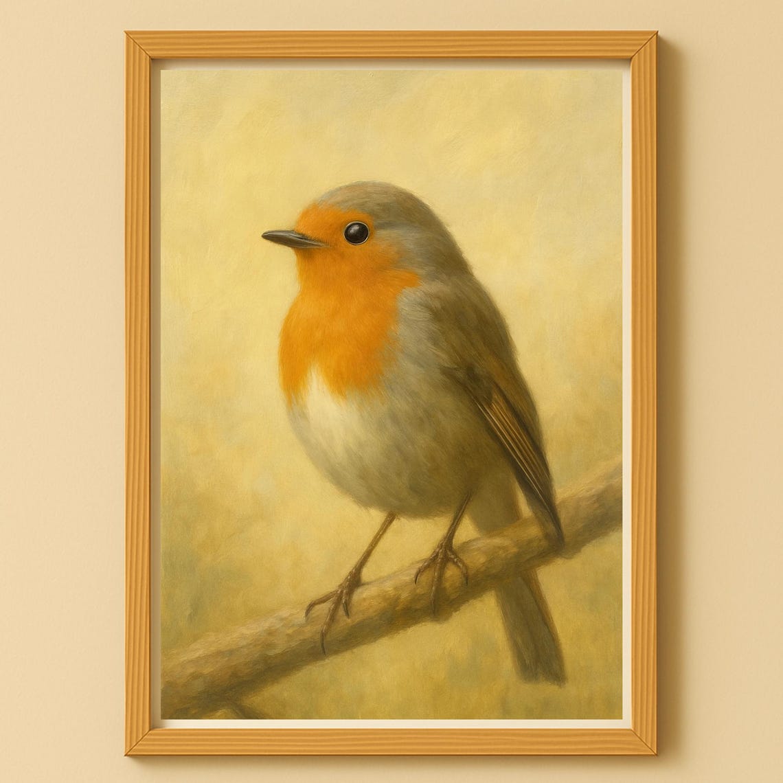 European Robin on a Branch Golden Oil Painting Style Bird Poster