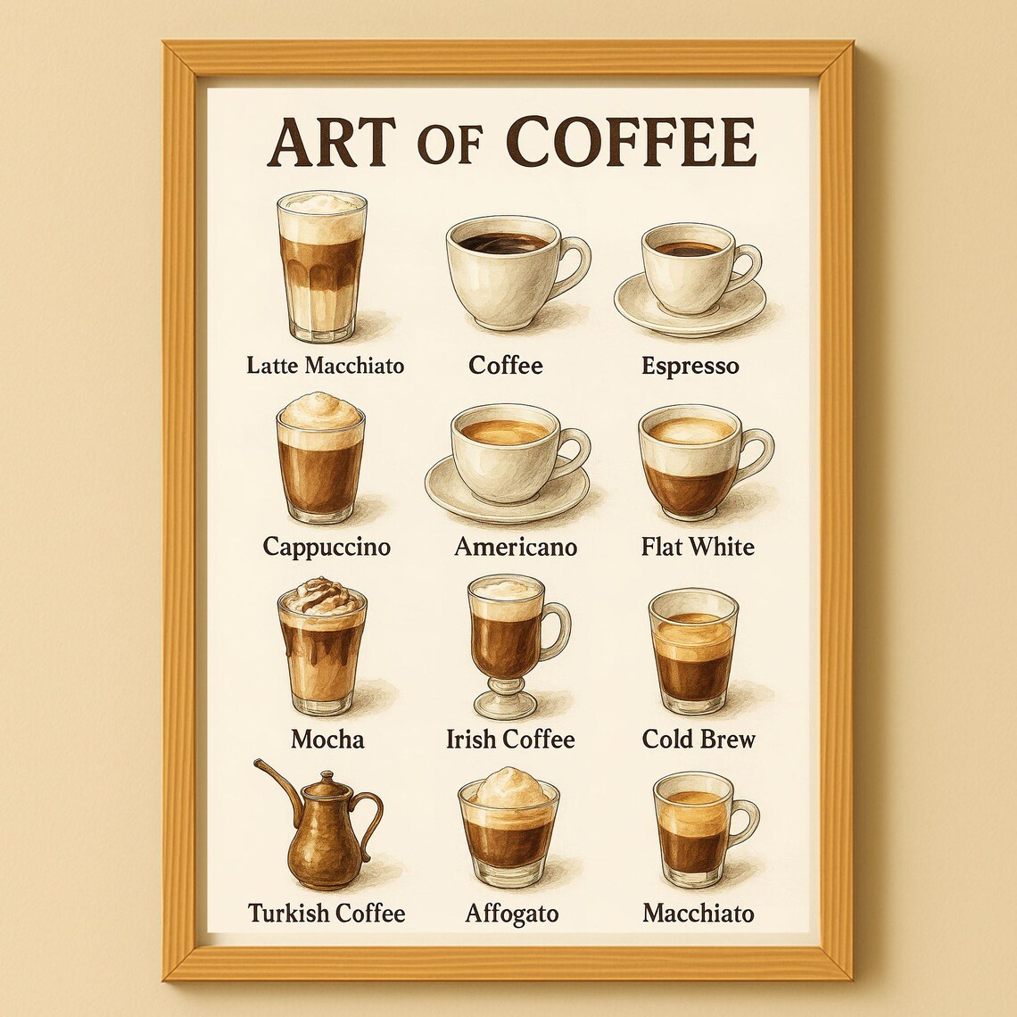 Art Of Coffee 12 Drink Types Illustrated Cafe Chart Kitchen Wall Poster