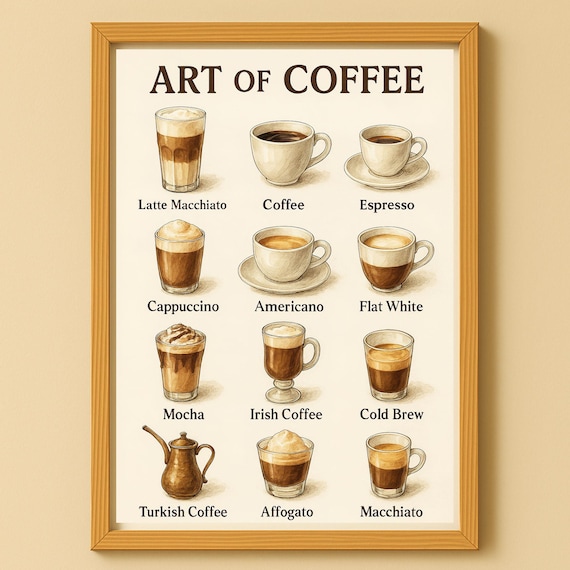Art Of Coffee 12 Drink Types Illustrated Cafe Chart Kitchen Wall Poster