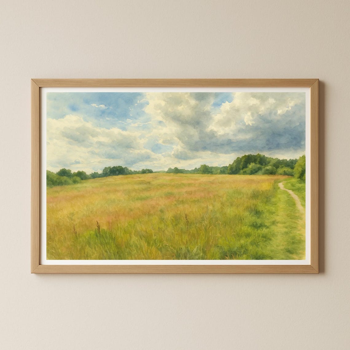 Golden Meadow Field under Dramatic Clouds Watercolor Nature Poster