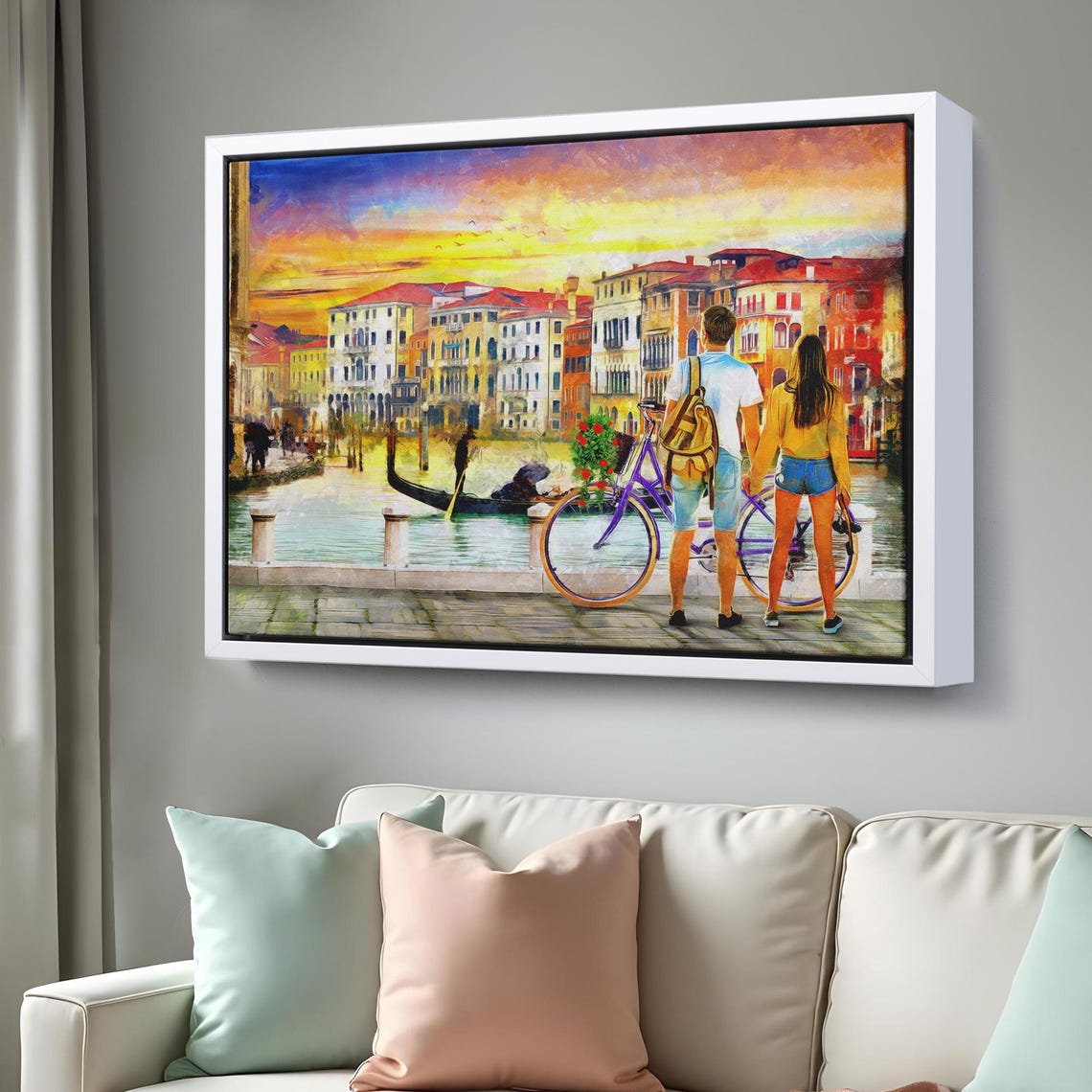 Romantic Venice Canal Sunset Couple With Bike Gondolas Italy Poster - Image 3