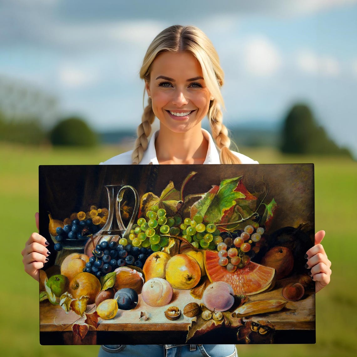 Classic Fruit Still Life Oil Painting Grapes Peaches Melon Wall Art - Image 5