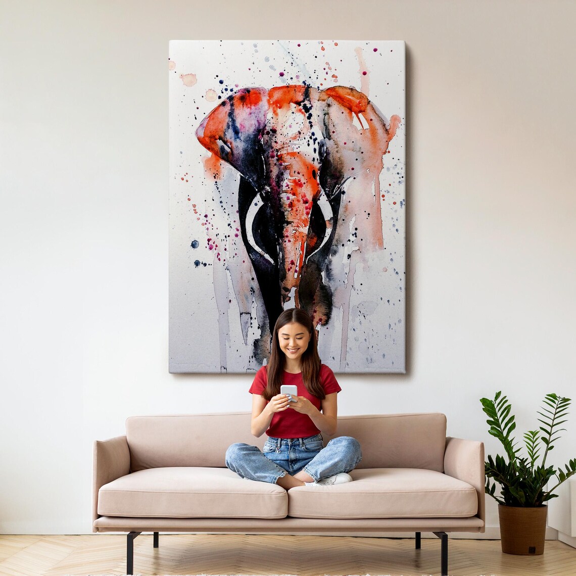 Elephant Head Watercolor Orange Black Splash Modern Abstract Animal Wall Art Print - Image 3