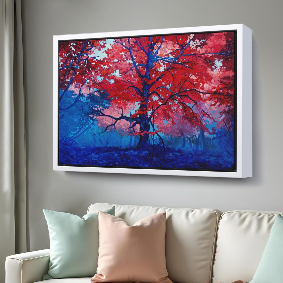 Crimson Autumn Tree Blue Forest Bold Color Contrast Nature Art Poster - Image 3