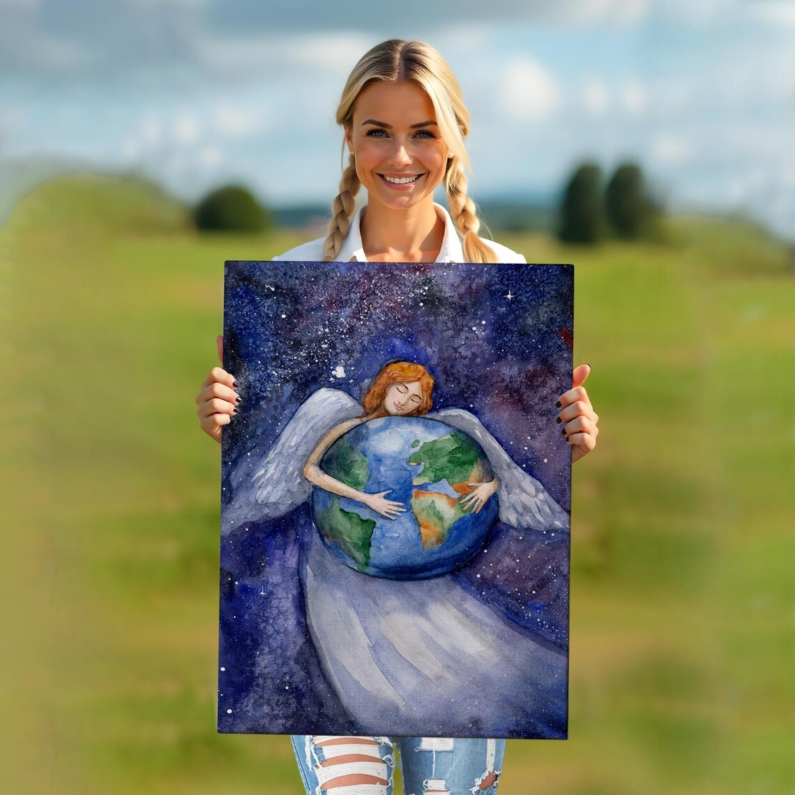 Angel Embracing Planet Earth In Starry Night Sky Watercolor Wall Art - Image 5