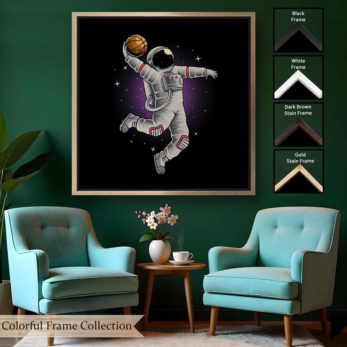 Astronaut Dunking Basketball In Space Retro Halftone Sports Poster - Image 2