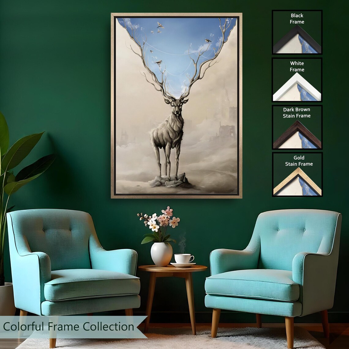 Surreal Stag Tree Branch Antlers Dreamy Sky Birds Fantasy Canvas Wall Art - Image 2