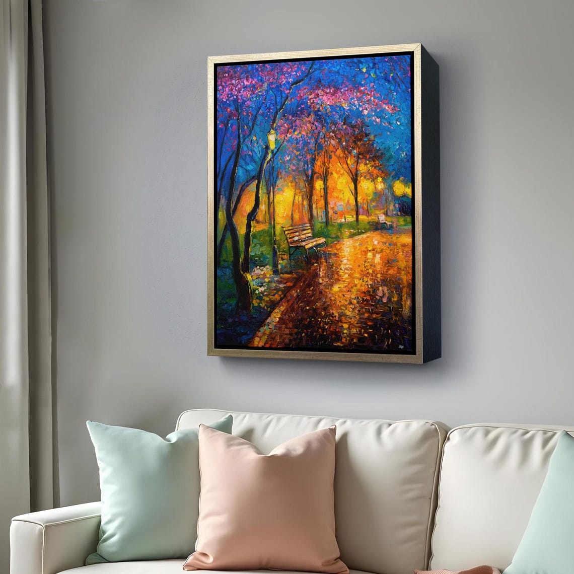 Night Park Glowing Lamplights Path Colorful Trees Painting Poster - Image 4