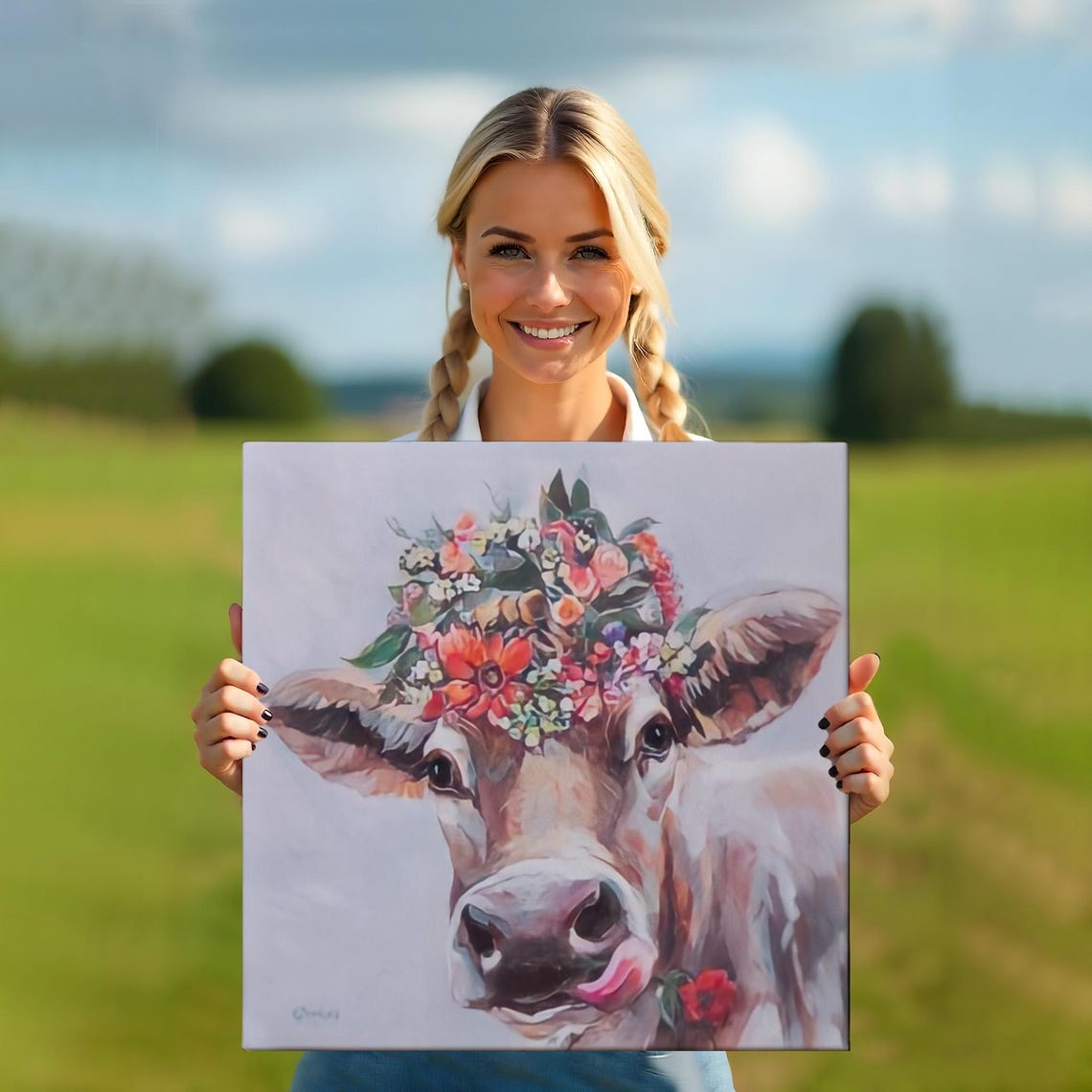 Cute Cow with Flower Crown Whimsical Farm Animal Portrait Poster - Image 5