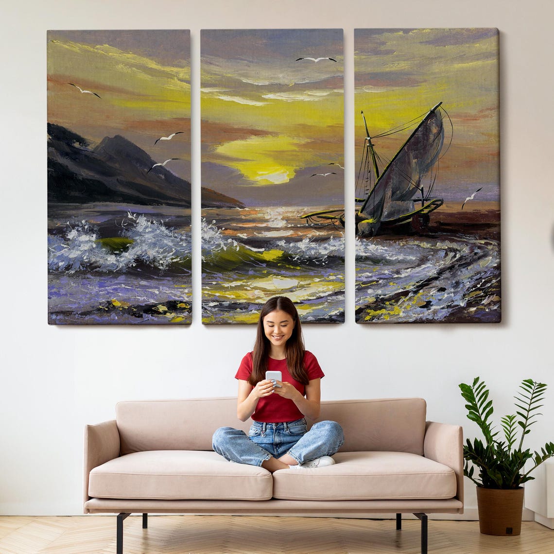 Sailboat Beached at Golden Sunset Waves Seagulls Seascape Art Poster - Image 2