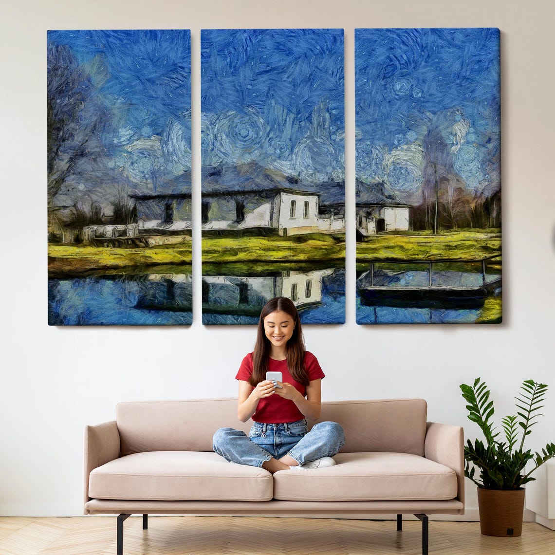 Lakeside Village White Houses Mirror Reflection Blue Sky Poster - Image 2