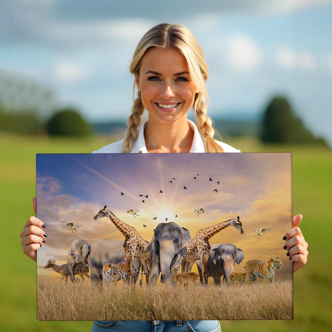 African Savanna Elephants Giraffes Tigers Sunset Wildlife Poster - Image 5