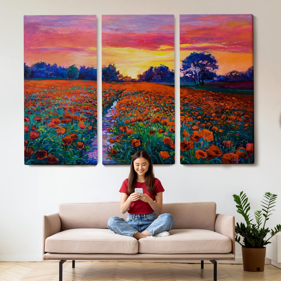 Red Poppy Field Sunset Path Vibrant Oil Painting Floral Wall Art - Image 2