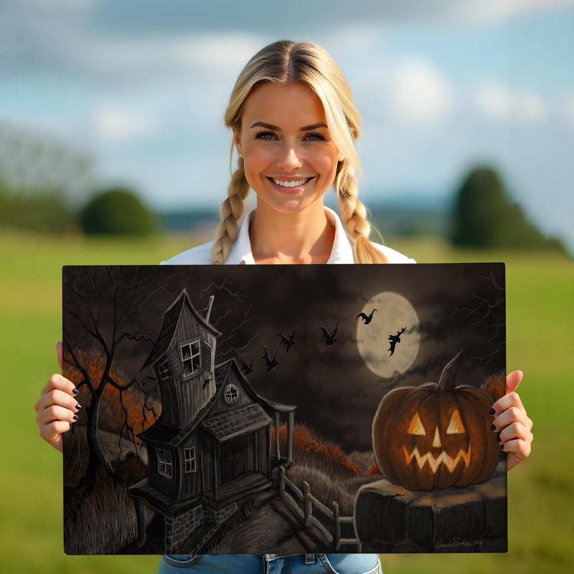 Haunted House Night Jack O Lantern Full Moon Halloween Art Poster - Image 5