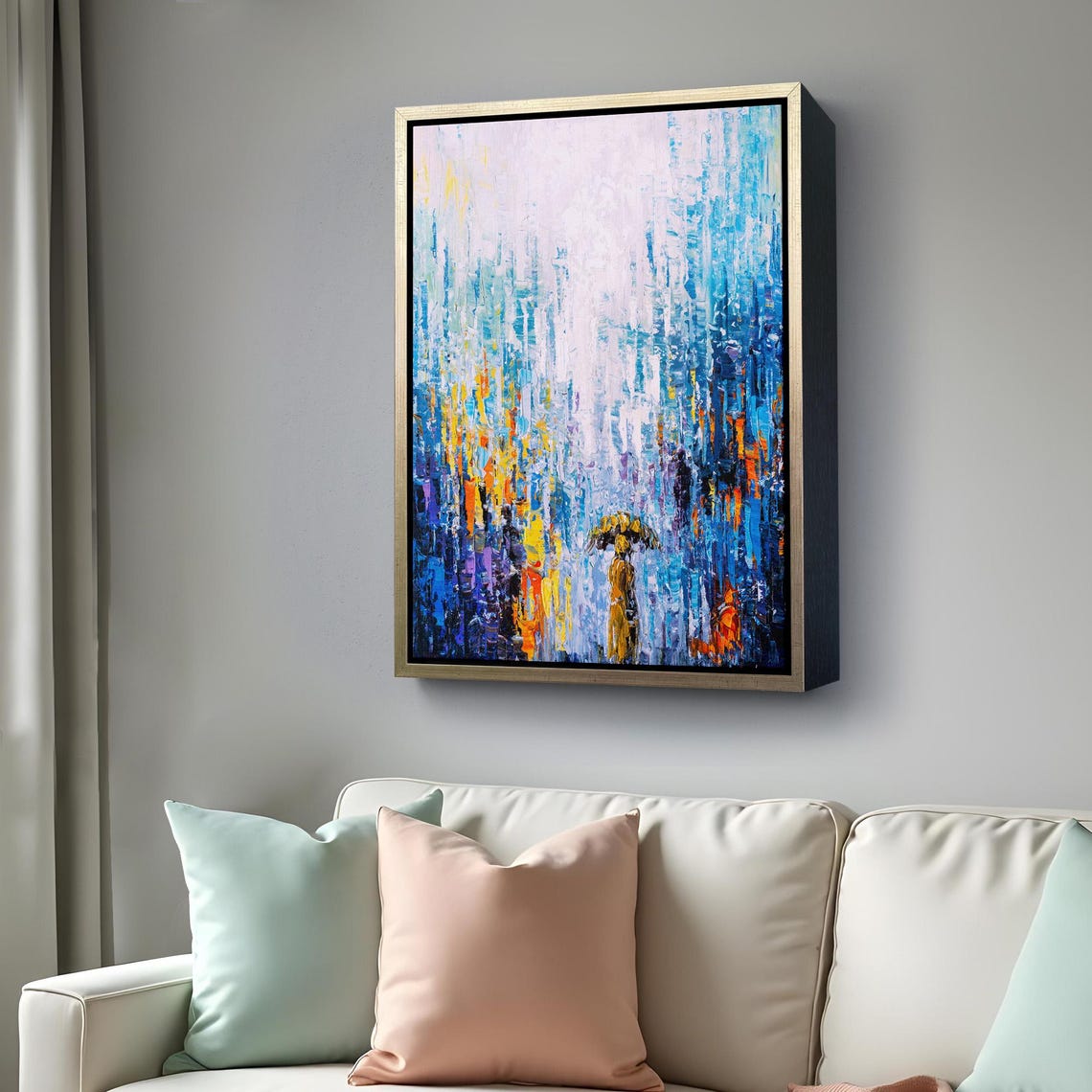Abstract Rainy Day Blue Rain Streaks Umbrella Figure Painting Poster - Image 4