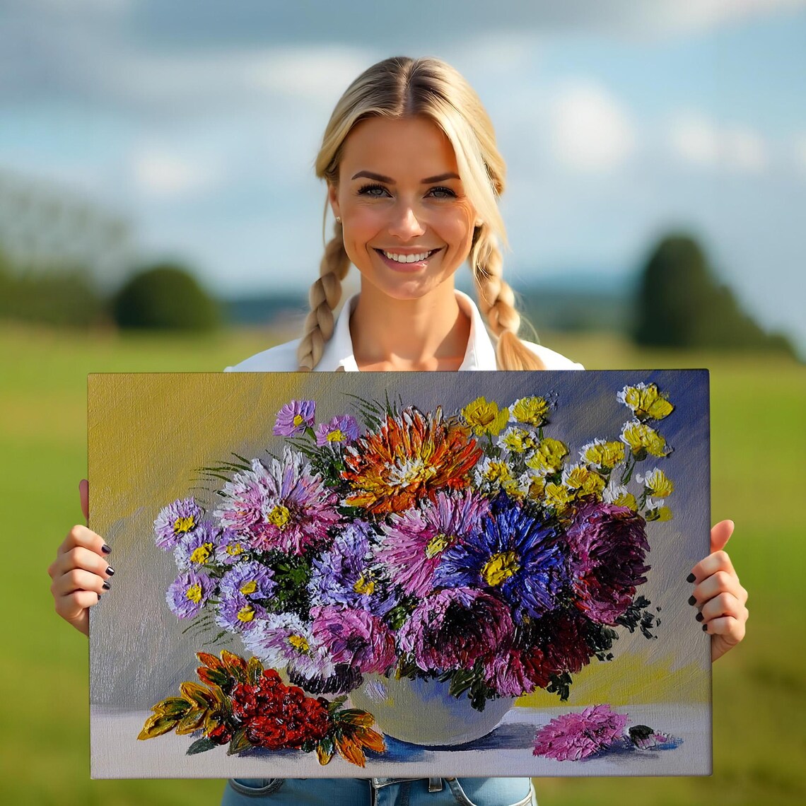 Colorful Aster Bouquet Bowl Impasto Flower Oil Painting Wall Art - Image 5