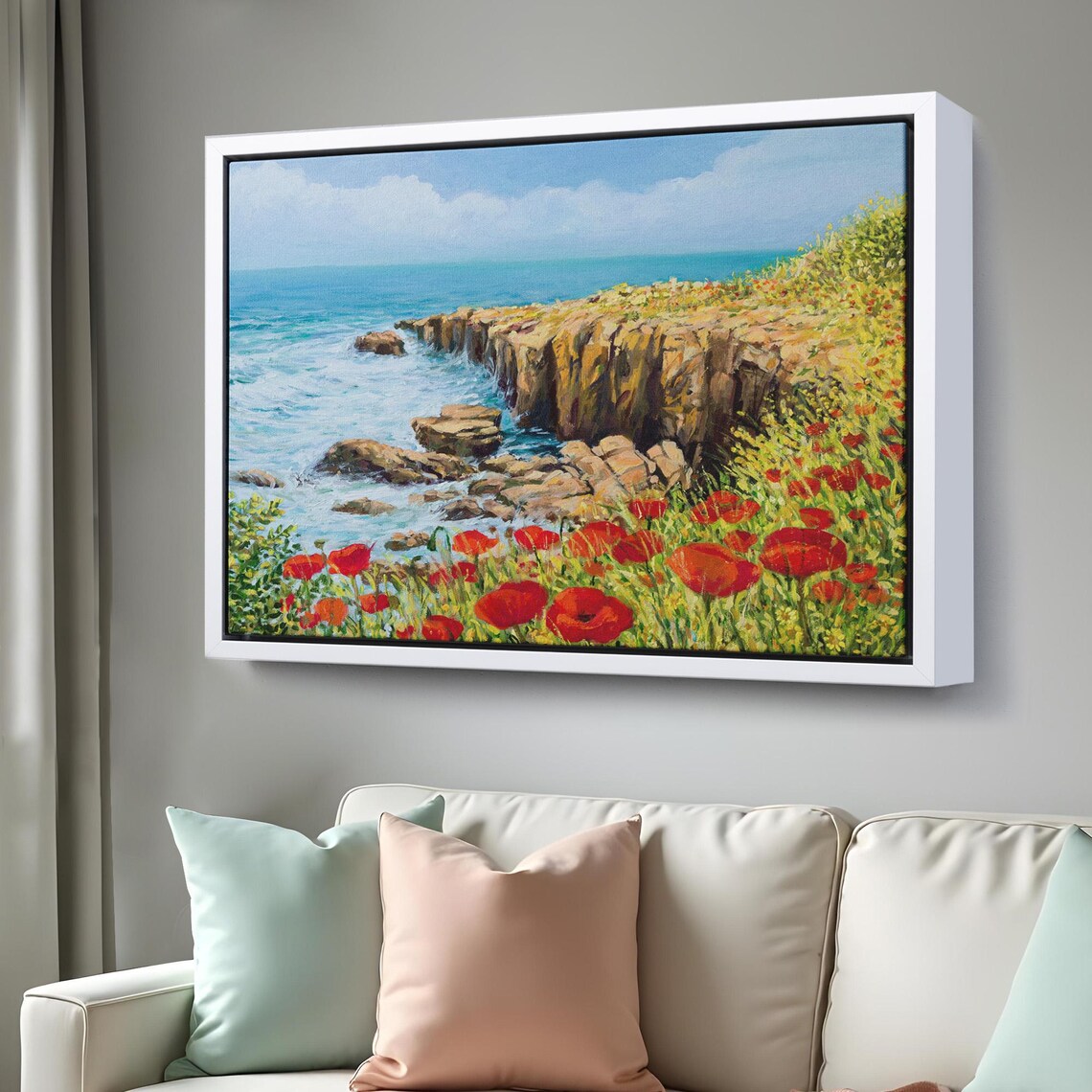 Rocky Coastal Cliffs Red Poppies Turquoise Sea Oil Painting Poster - Image 3