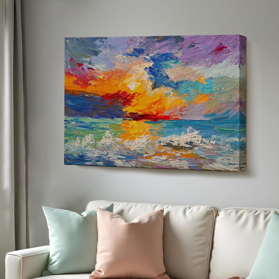 Sunset Over Ocean Waves Orange Sun Abstract Impasto Sea Poster