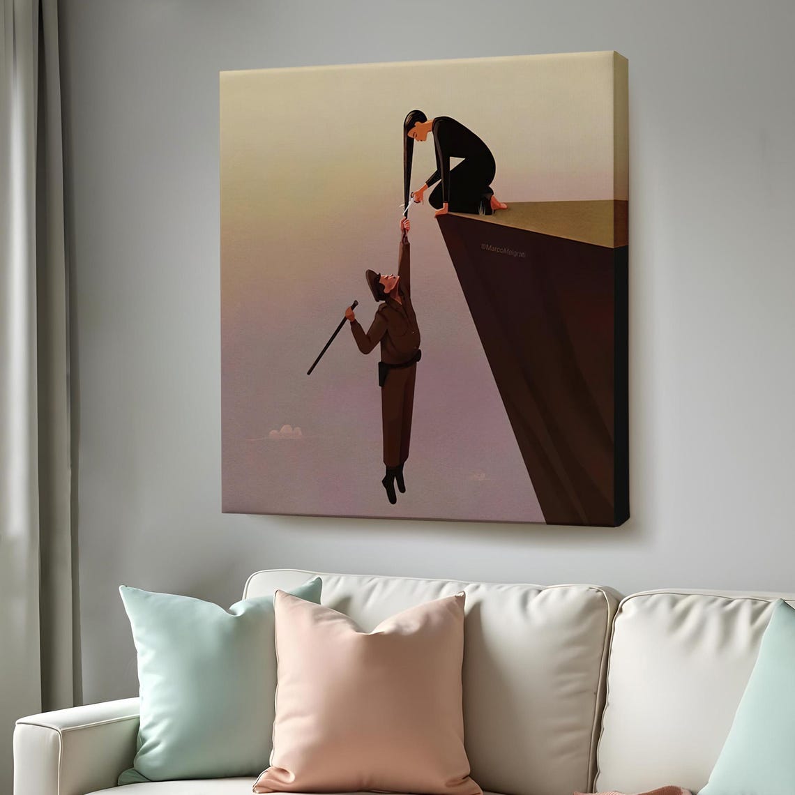 Woman Helping Man Climb Cliff Edge Conceptual Minimalist Art Poster