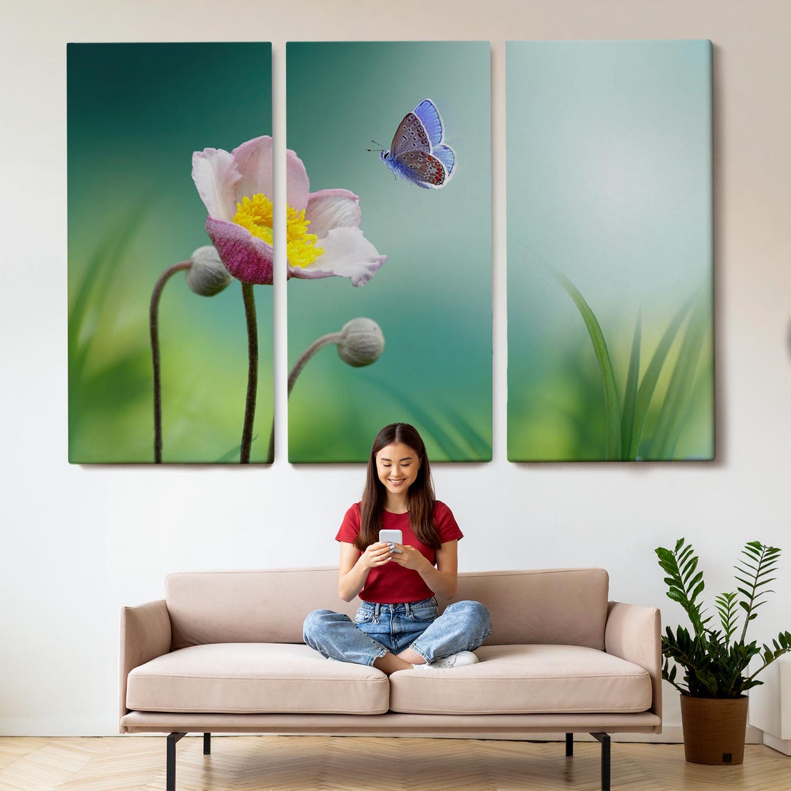 Pink Flower Blue Butterfly Macro Nature Photography Wall Art - Image 2