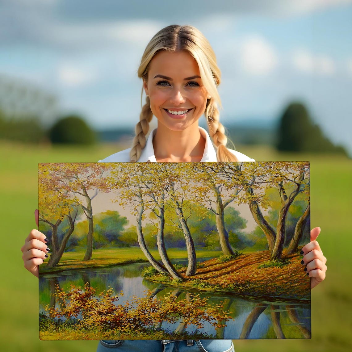 Golden Autumn Riverbend Trees Reflection Oil Painting Nature Poster - Image 5
