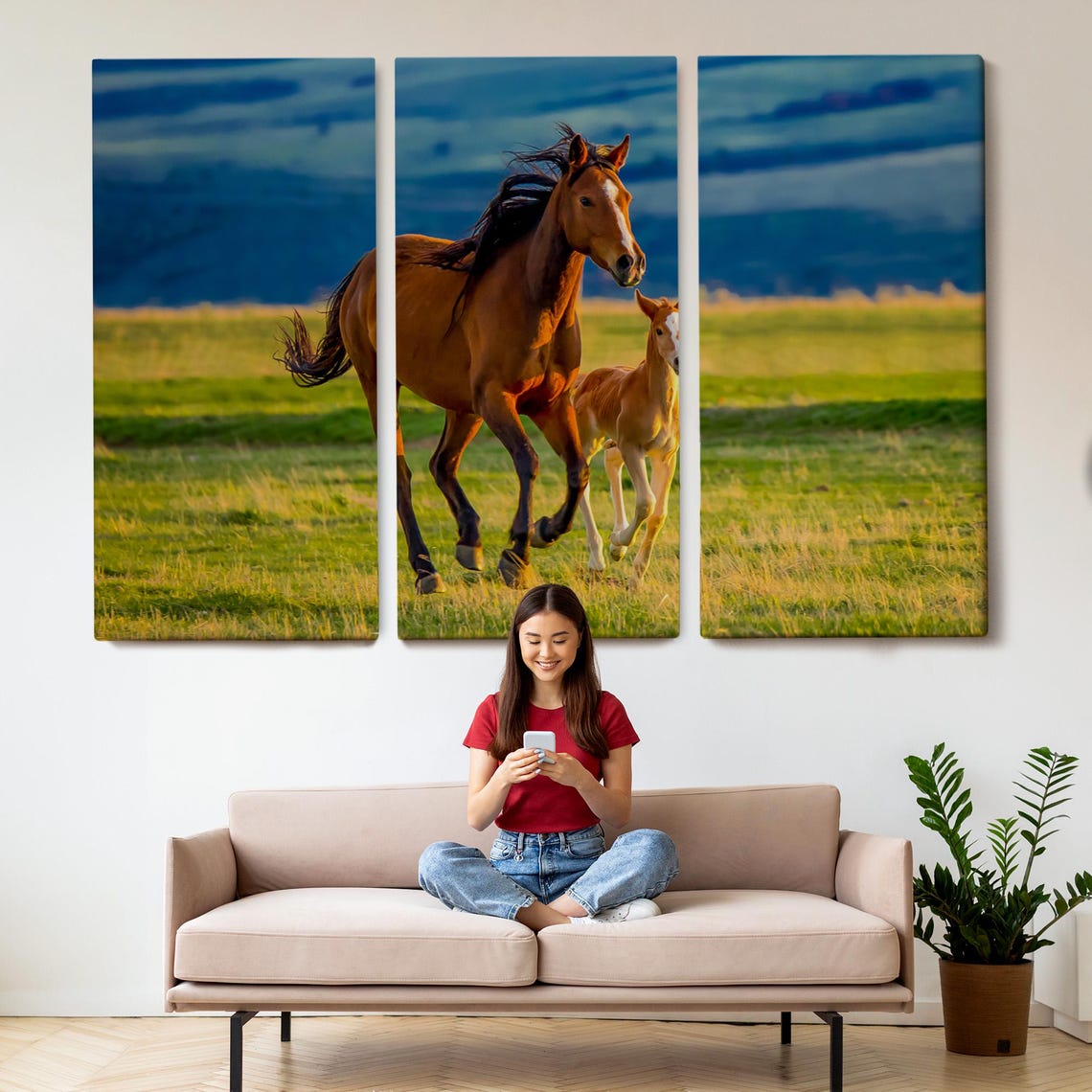Chestnut Mare And Foal Running Green Pasture Sunset Horse Wall Art - Image 2
