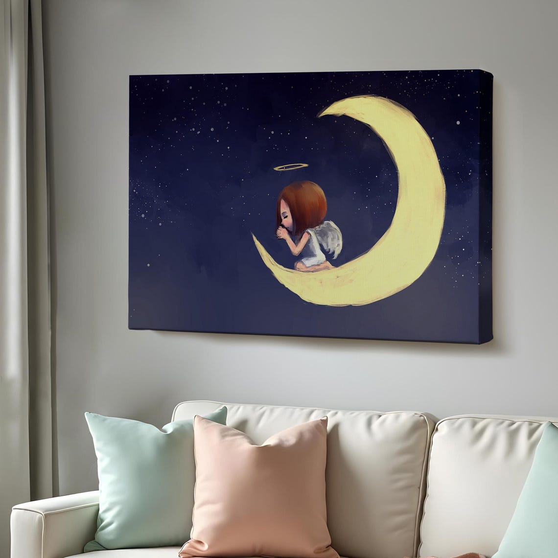 Angel Girl Praying On Crescent Moon Starry Night Nursery Poster