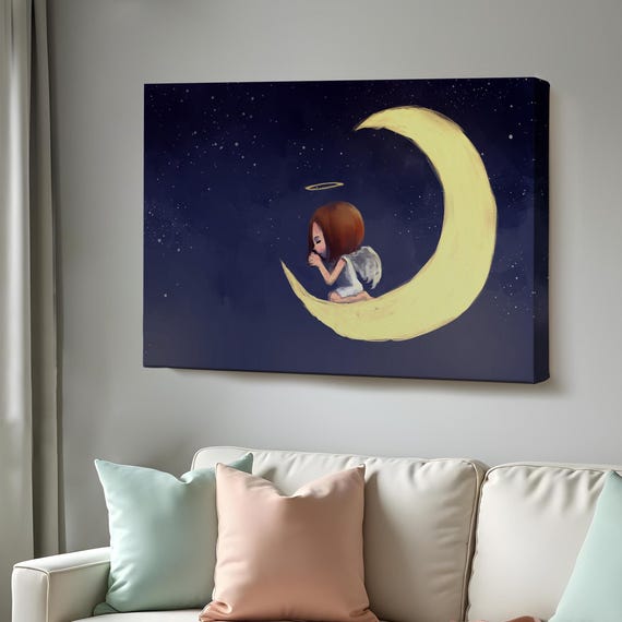 Angel Girl Praying On The Moon Wall Art Abstract Modern Wall Decor Large Wall Art Housewarming Gifts Framed Wall Art