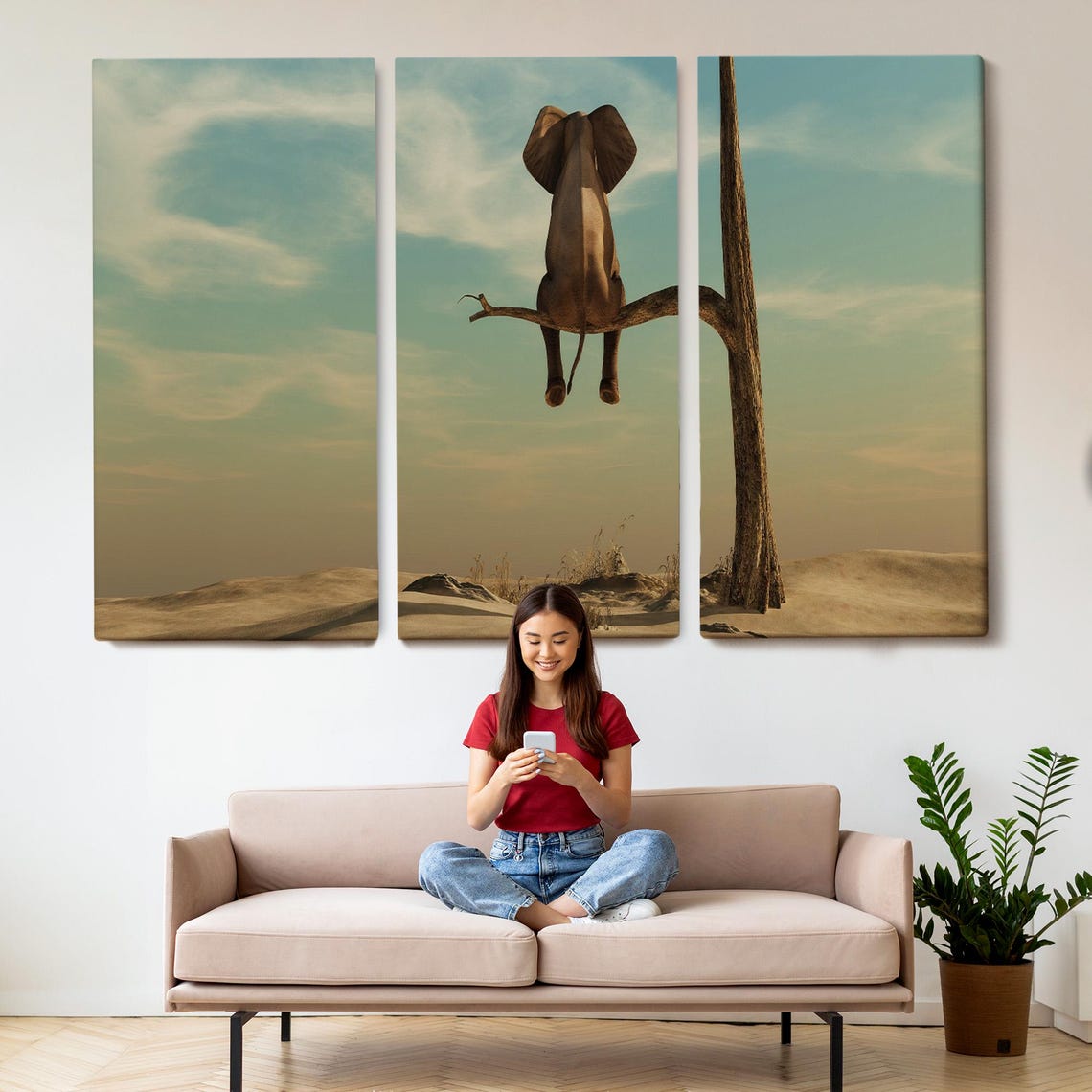 Elephant Sitting On Tree Branch Desert Surreal Funny Animal Wall Art - Image 2