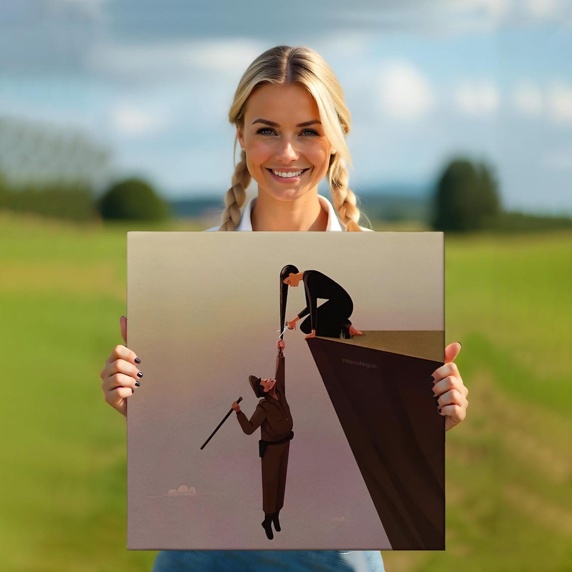 Woman Helping Man Climb Cliff Edge Conceptual Minimalist Art Poster - Image 5