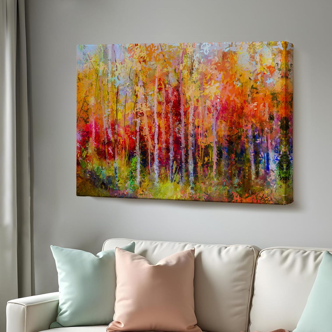 Abstract Autumn Birch Forest Red Orange Gold Modern Art Poster