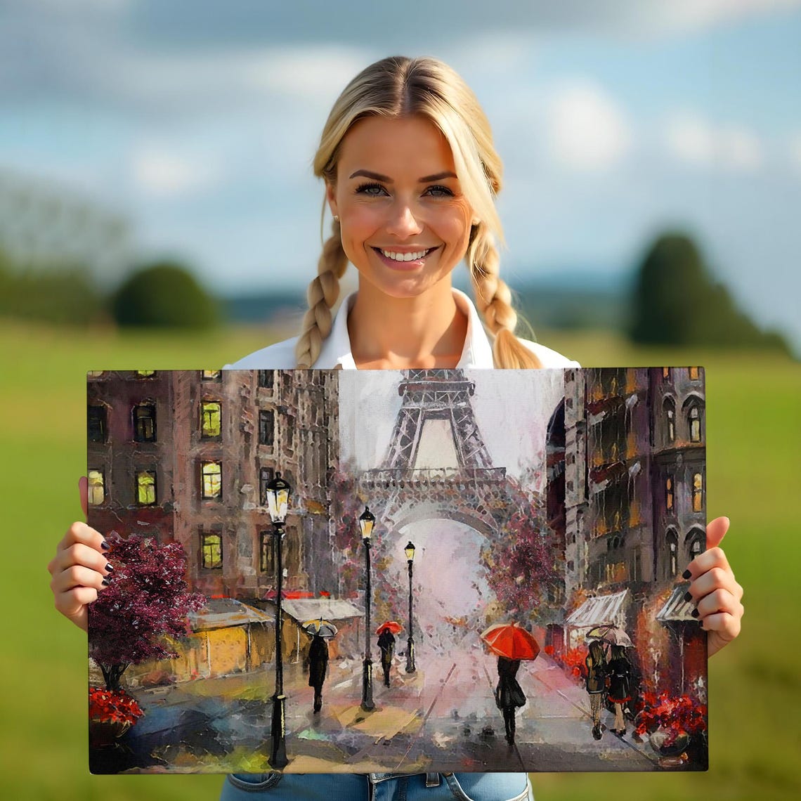Paris Eiffel Tower Rainy Street Red Umbrellas Romantic City Poster - Image 5