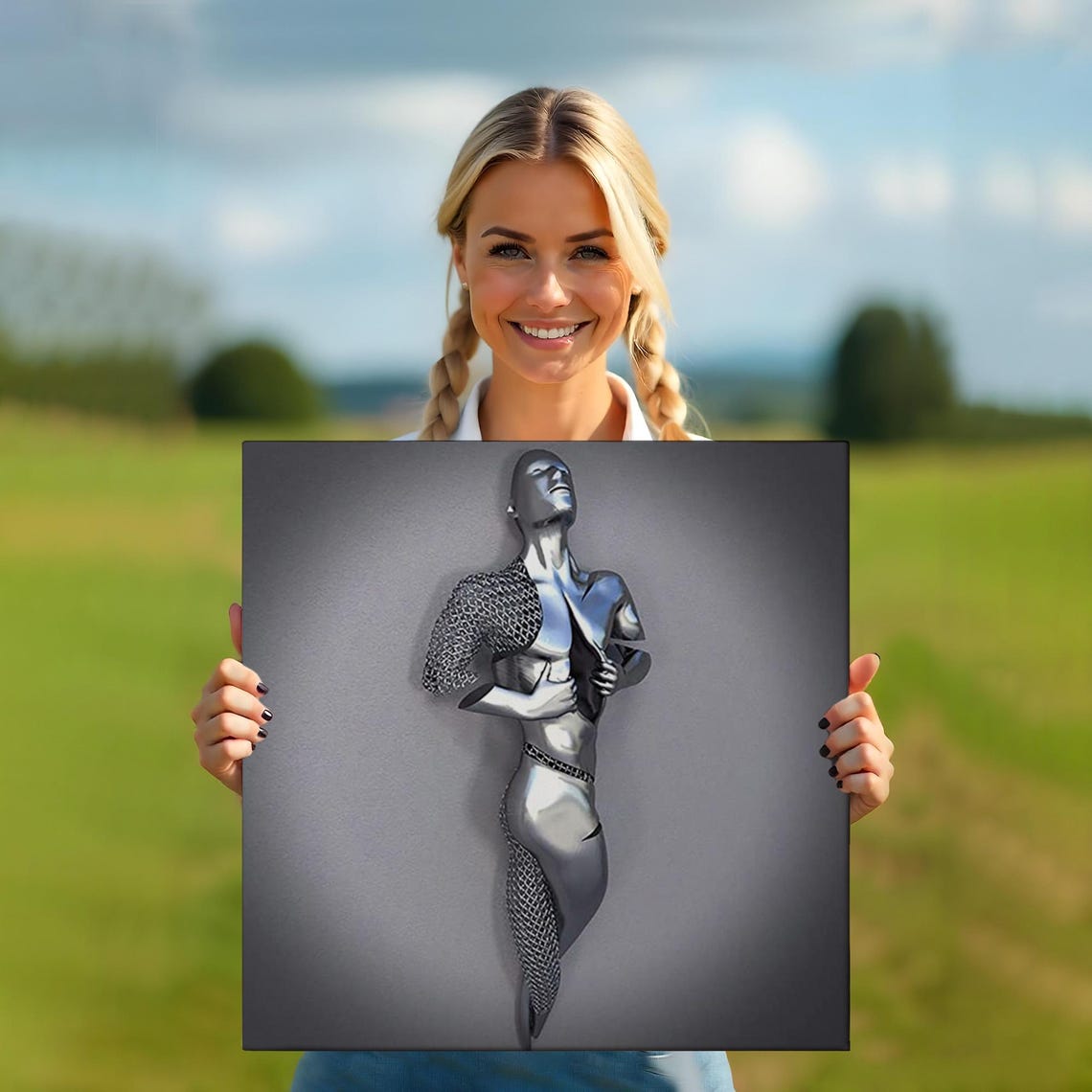 Chrome Silver Human Figure 3D Metallic Modern Sculpture Art Poster - Image 5