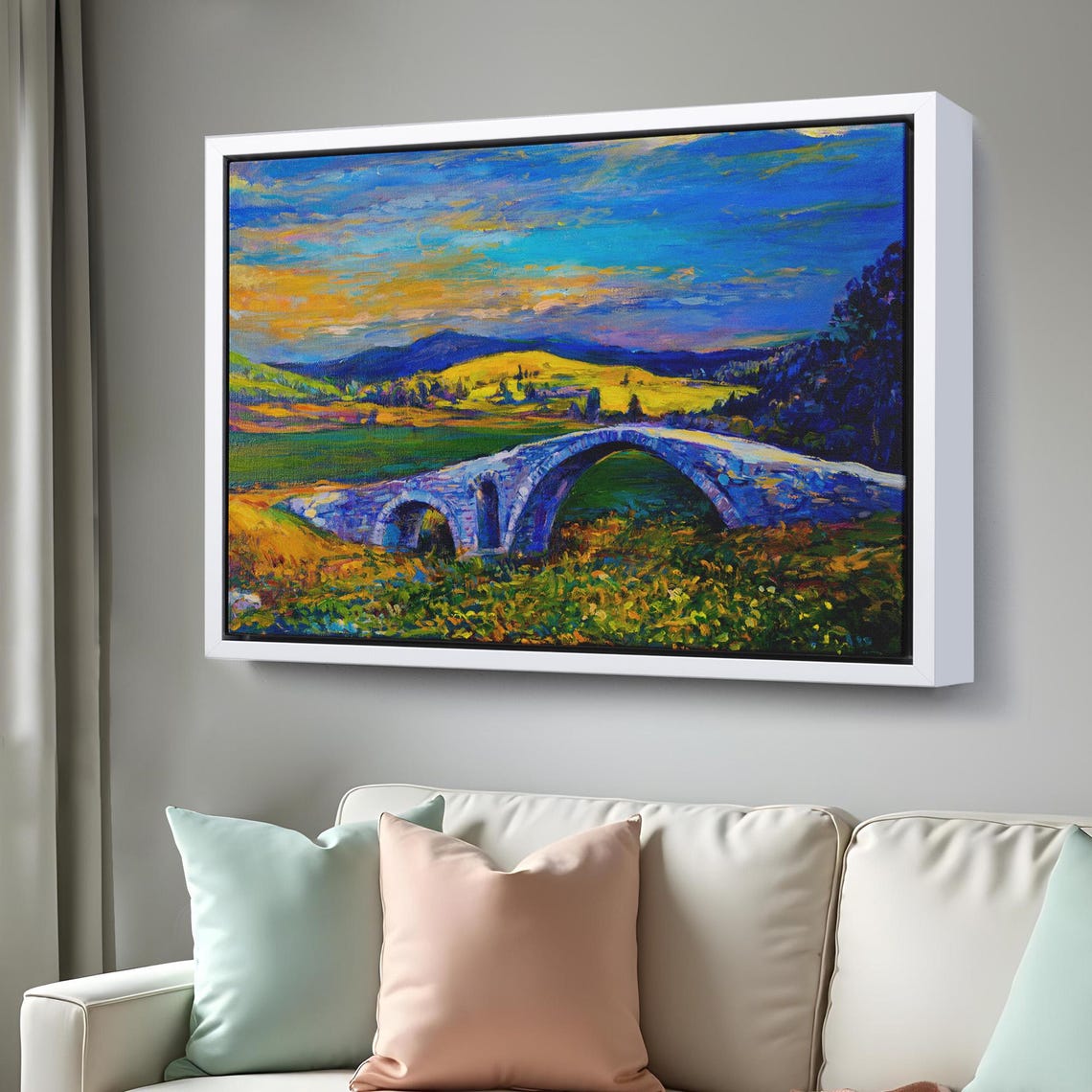 Village Stone Bridge Sunset Landscape Wall Painting Nature Wall Decor Landscape Wall Table Nature Print - Image 3