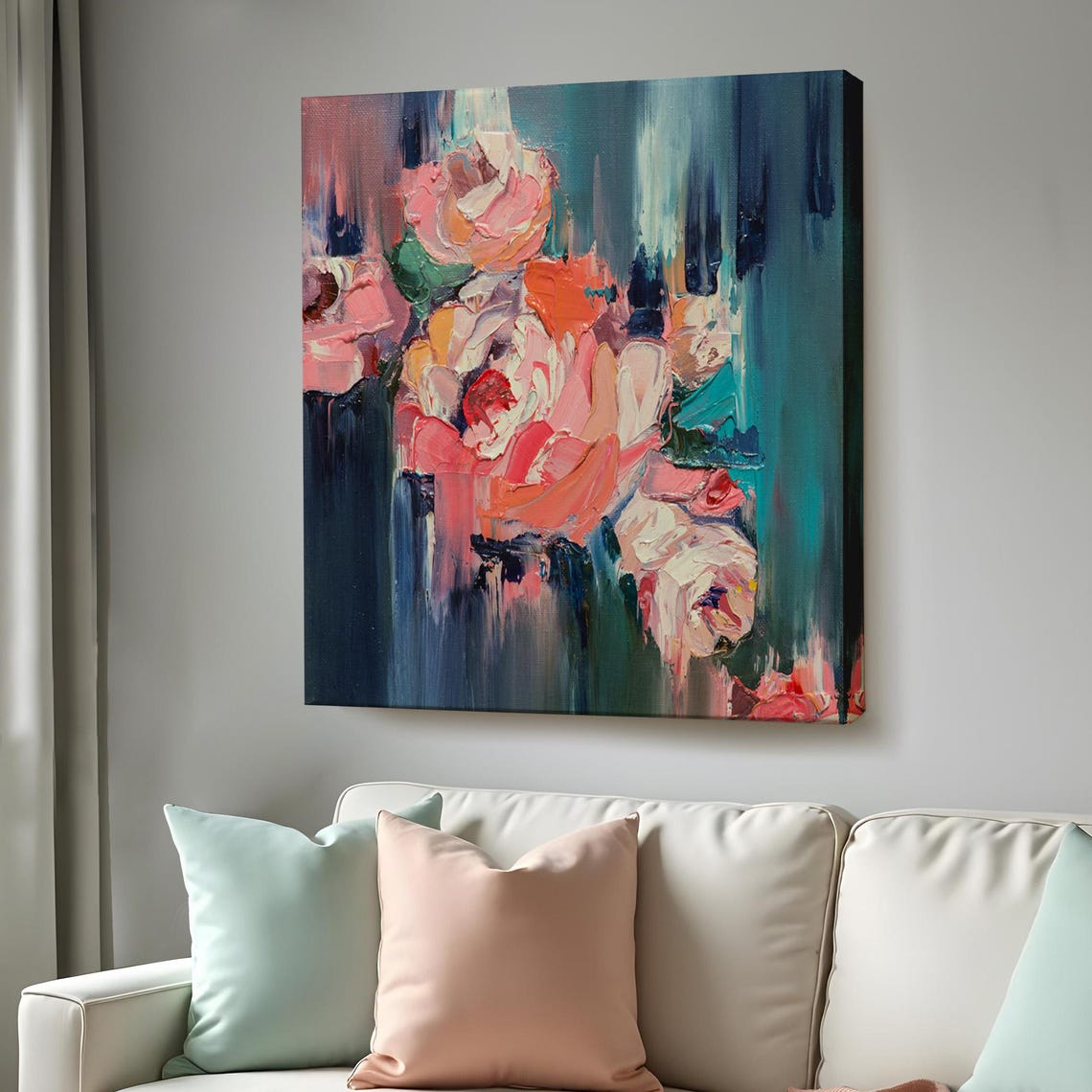 Abstract Pink Roses Impasto Painting Dark Teal Background Art Poster
