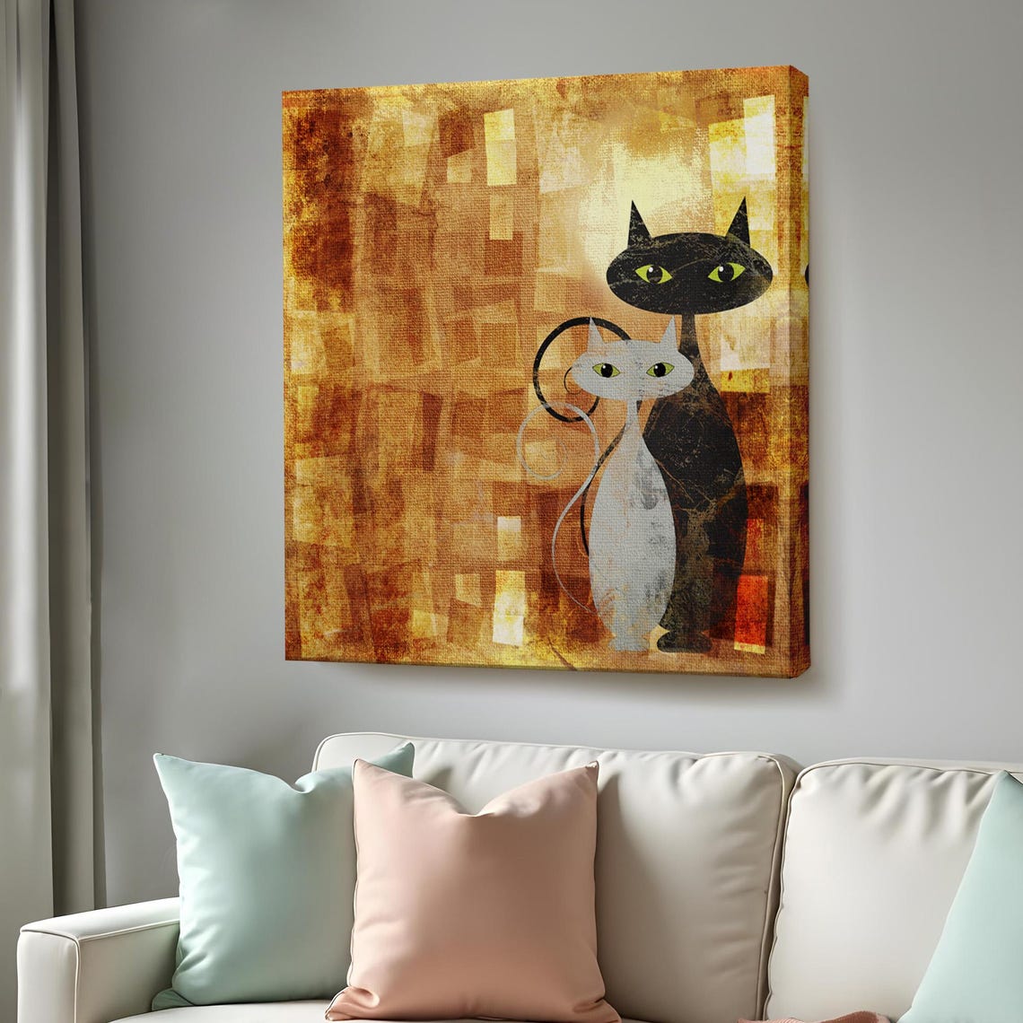 Black And White Cats Modern Abstract Amber Gold Background Wall Art