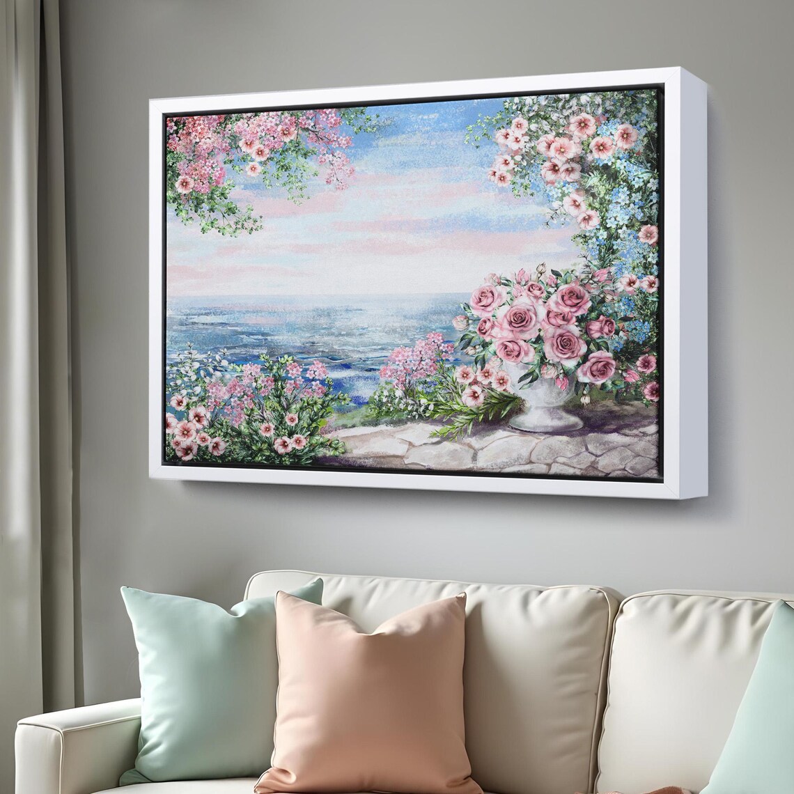 Pink Roses Blossom Sea View Terrace Watercolor Painting Poster - Image 3