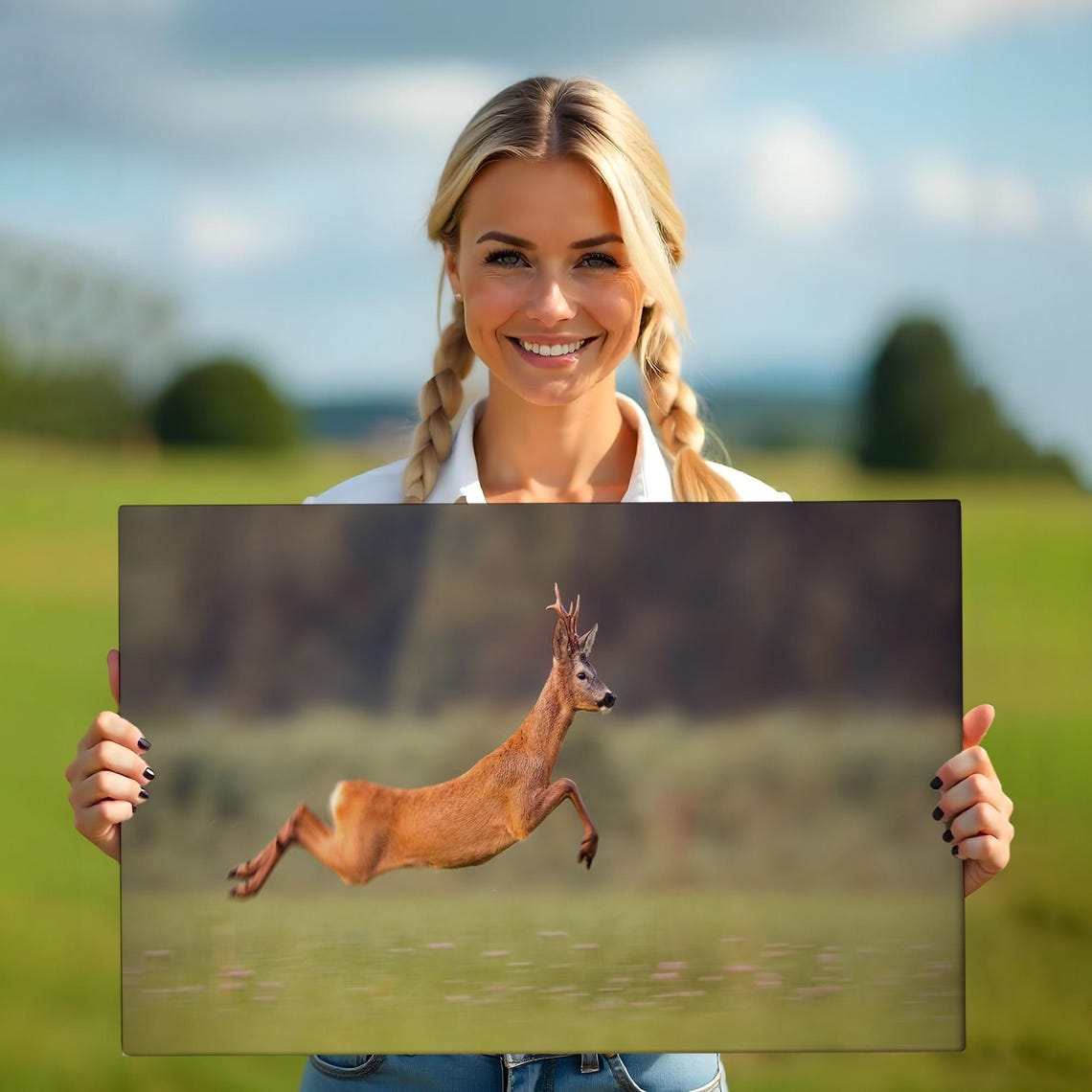 Leaping Roe Deer Buck Wildlife Meadow Action Photography Wall Art - Image 5