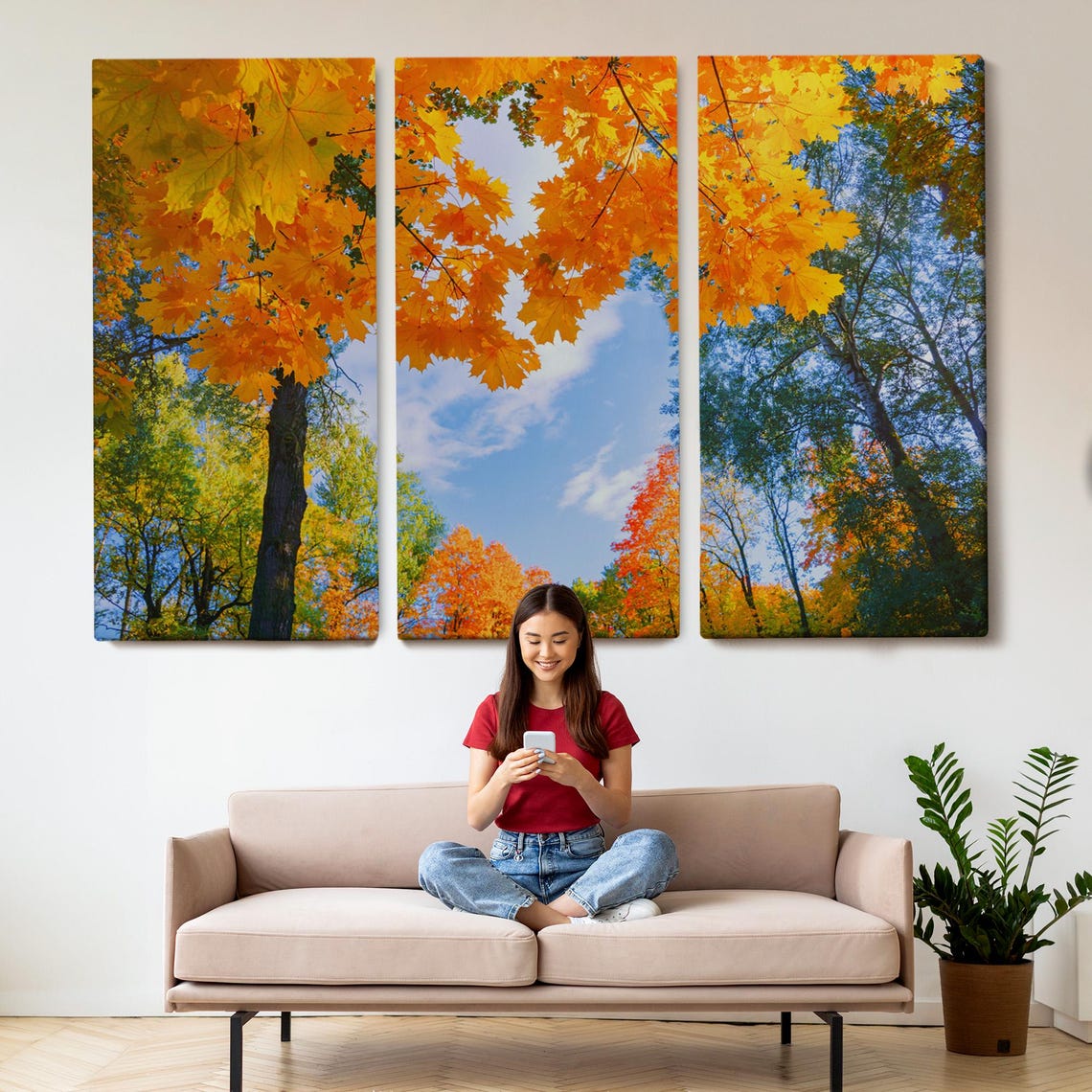 Golden Maple Canopy Autumn Leaves Blue Sky Nature Photography Poster - Image 2