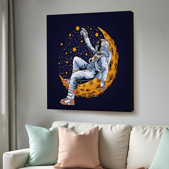 Astronaut Resting on Crescent Moon Stars Dreamy Space Illustration Poster