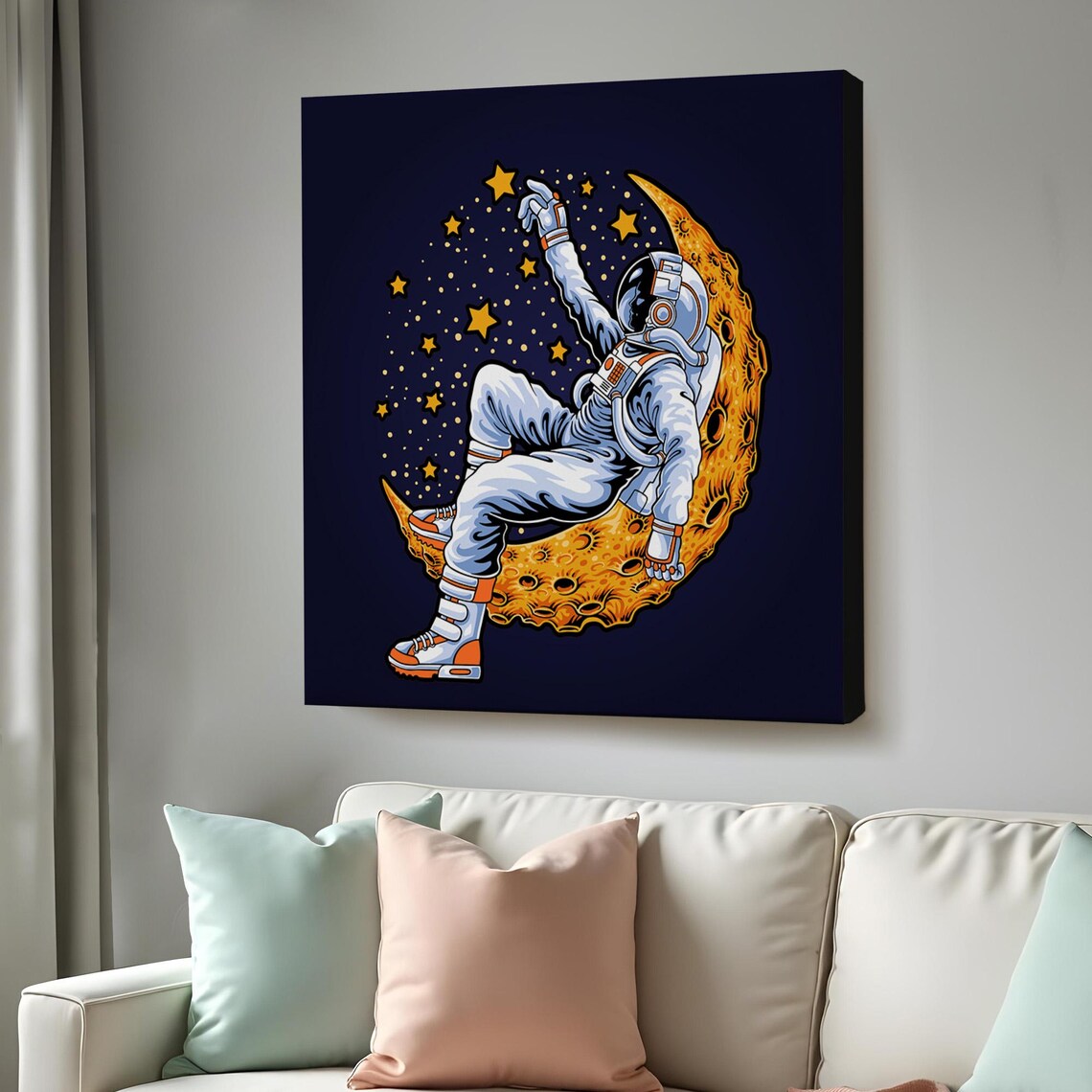 Astronaut Resting on Crescent Moon Stars Dreamy Space Illustration Poster