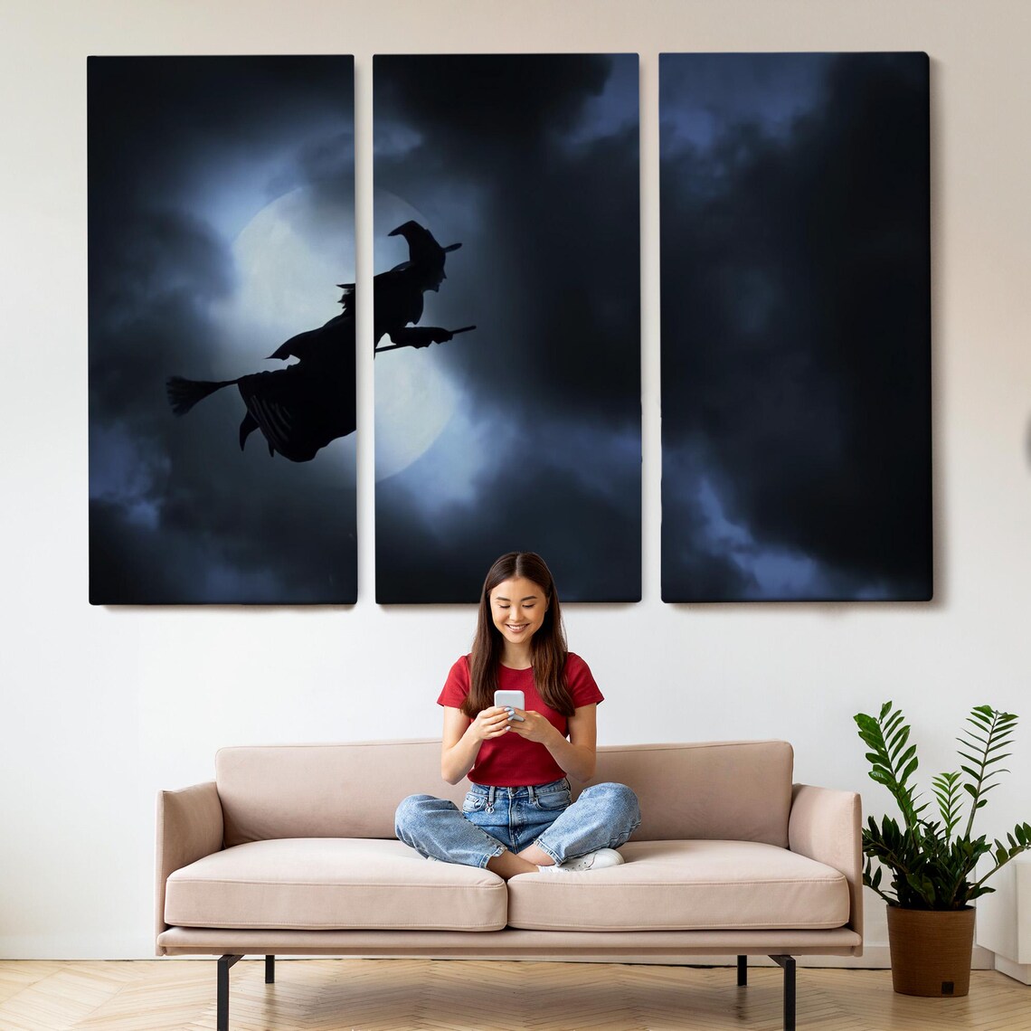 Halloween Witch Silhouette Flying Broom Full Moon Cloudy Night Sky Wall Poster - Image 2