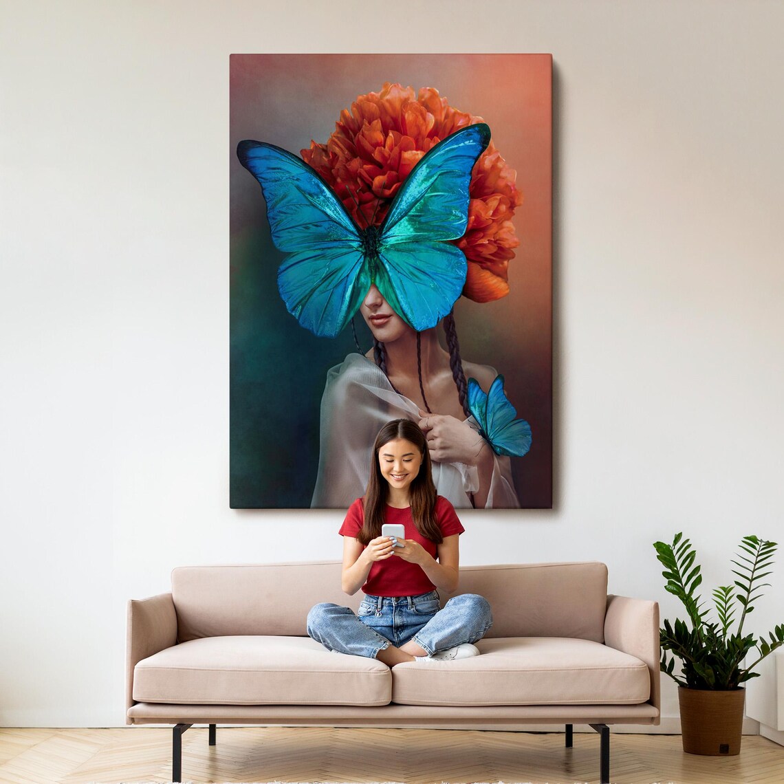 Surreal Blue Butterfly Woman Portrait Orange Flowers Art Poster - Image 3