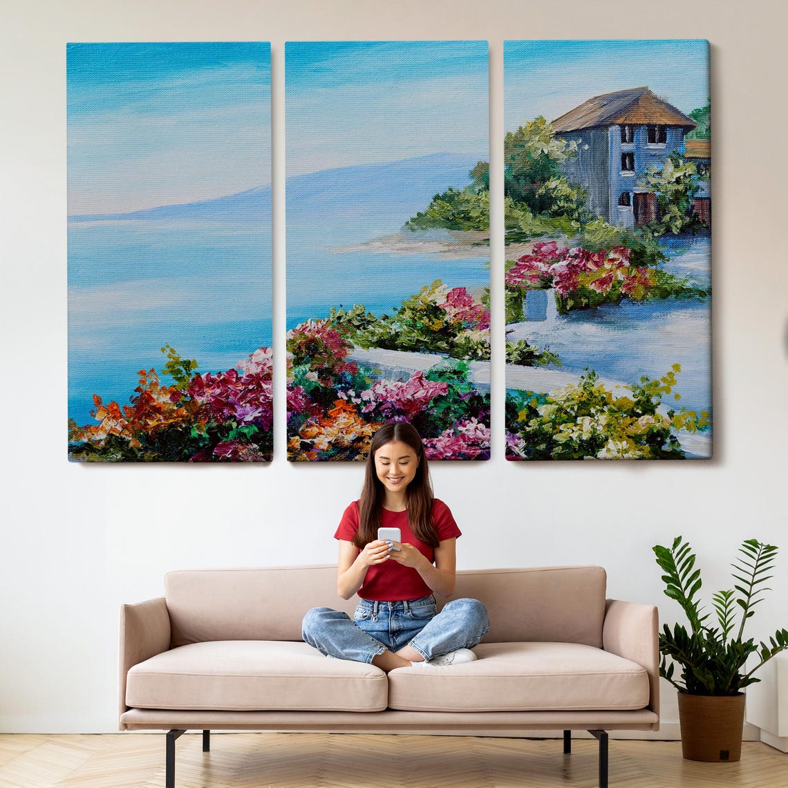 Seaside Villa Vibrant Flower Garden Blue Ocean Coastal Painting Poster - Image 2