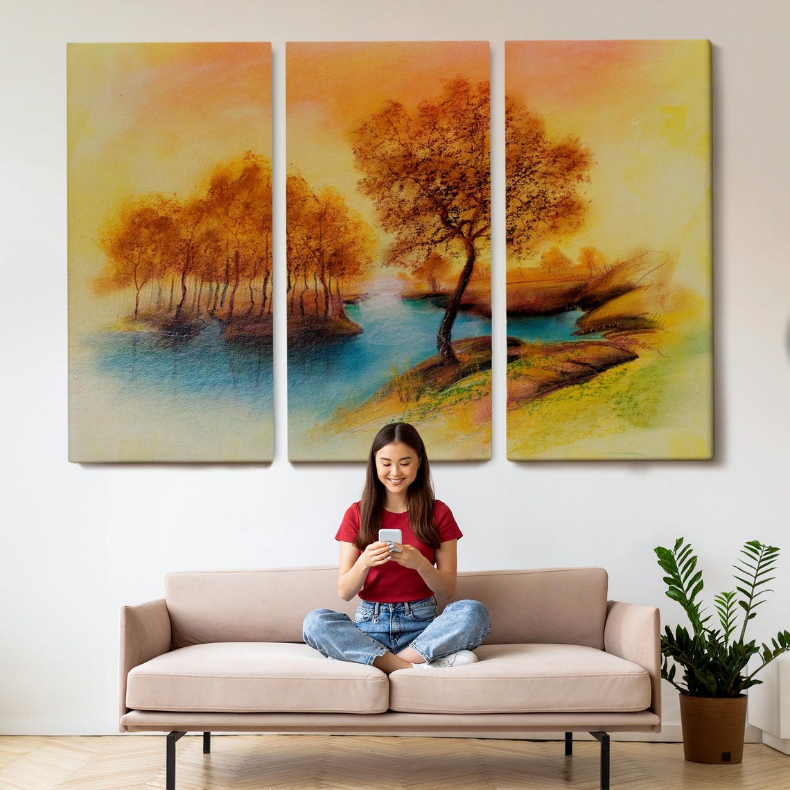 Golden Autumn Trees Lakeside Water Reflection Watercolor Sunset Poster - Image 2