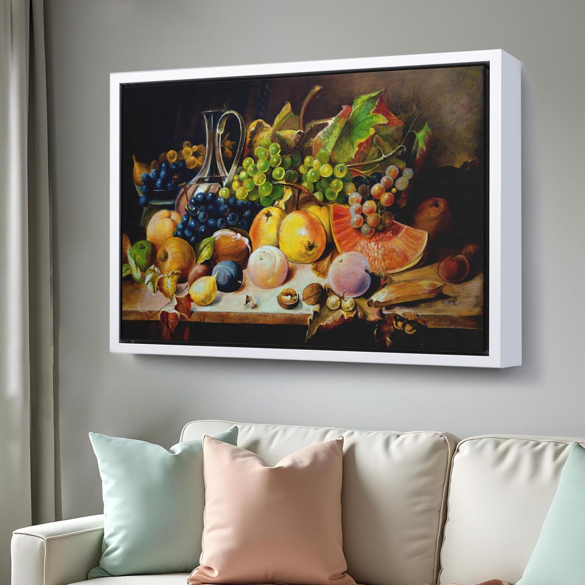 Classic Fruit Still Life Oil Painting Grapes Peaches Melon Wall Art - Image 3