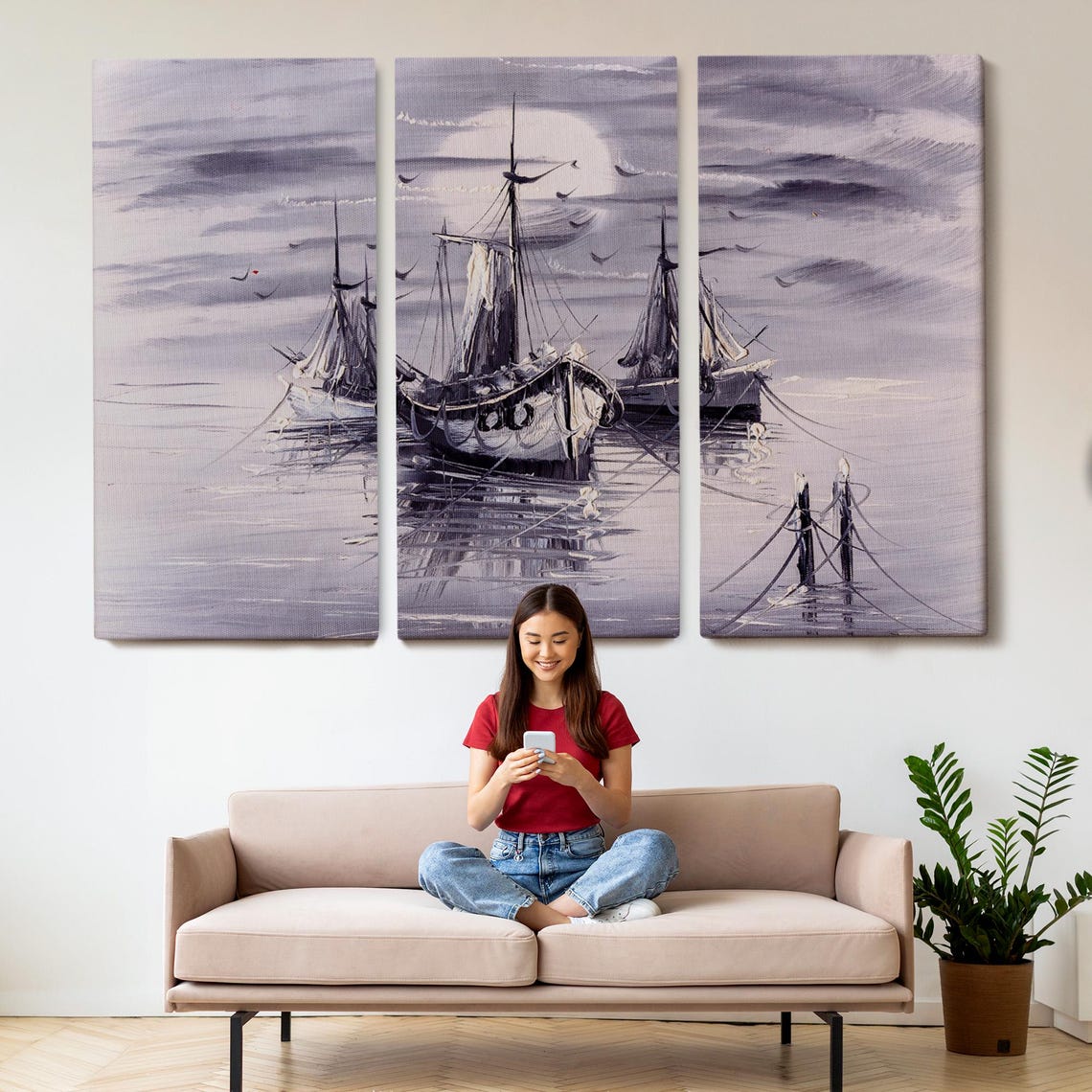 Moonlit Harbor Sailing Boats Purple Gray Night Seascape Poster - Image 2