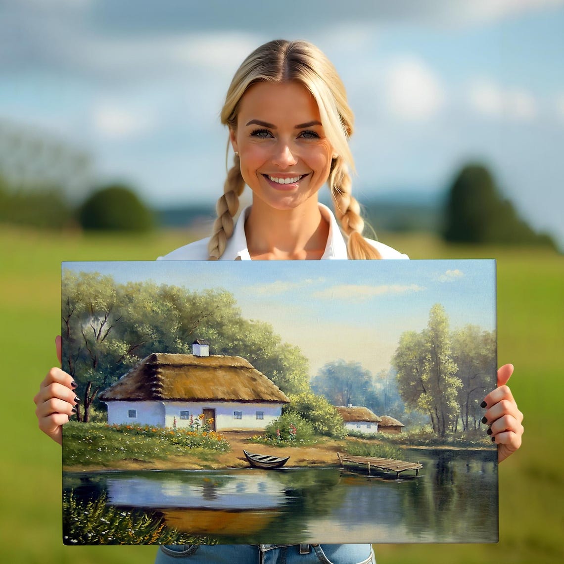 Lakeside Thatched Roof Cottage Rowboat Calm Water Oil Painting Poster - Image 5